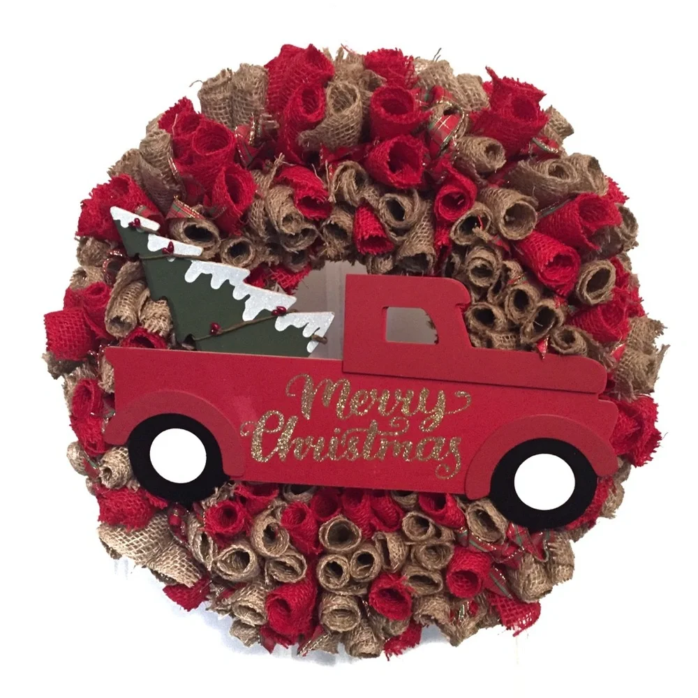 Hand Crafted Christmas Holiday Wreath Red Tan Burlap with Hanger and Storage Bag